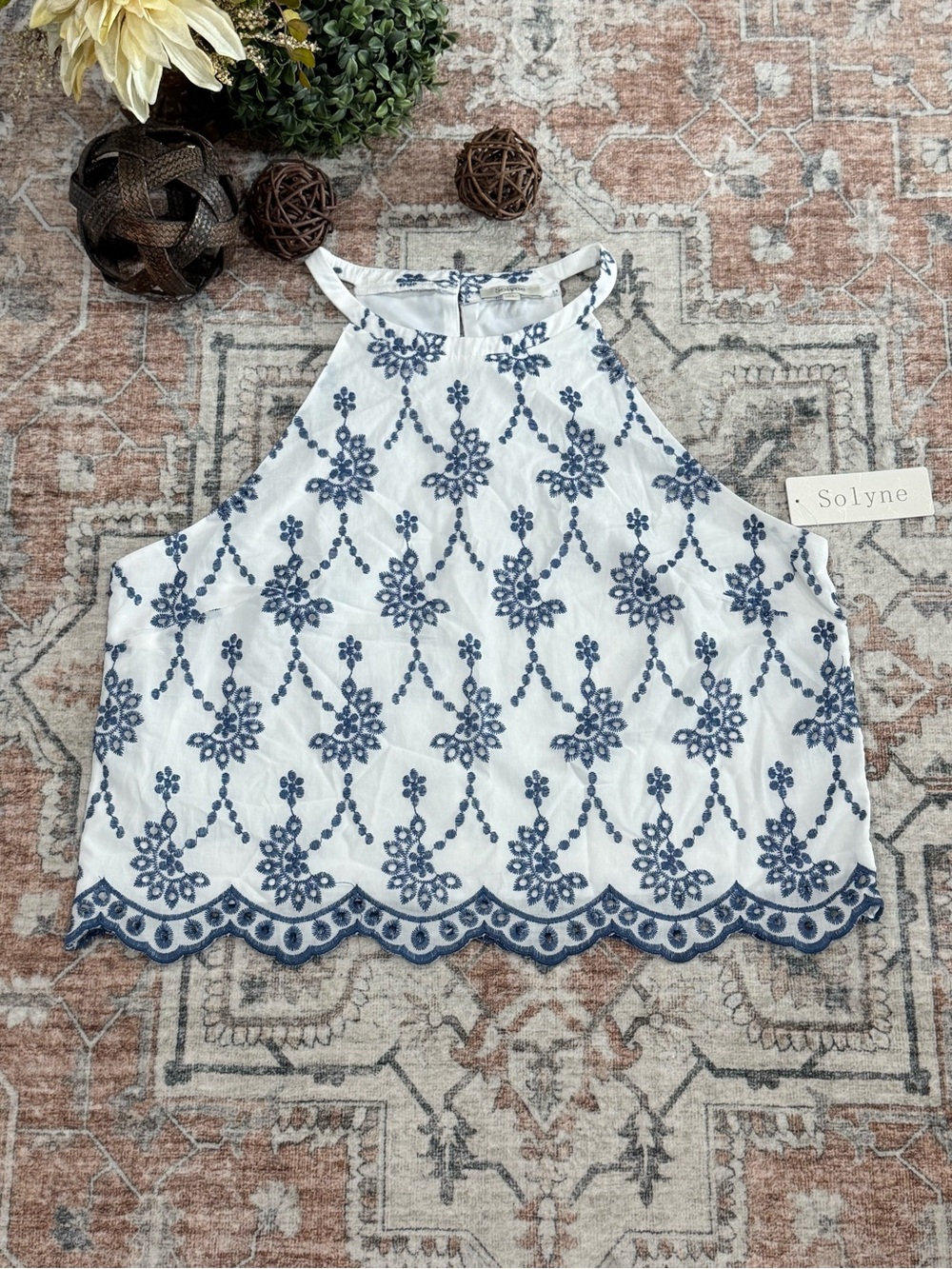White Halter Camisole with Navy Embroidery